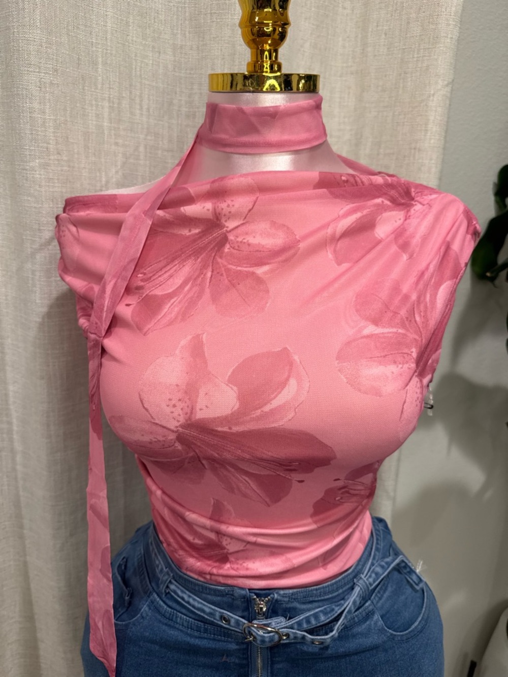 Pink Floral High-Neck Women's Top